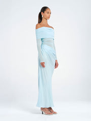 Blue Off Shoulder Long Sleeve Maxi Dress