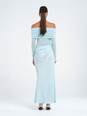 Blue Off Shoulder Long Sleeve Maxi Dress