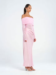 Pink Off Shoulder Long Sleeved Maxi Dress