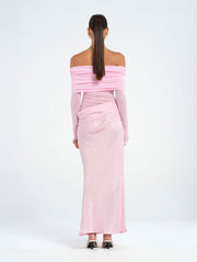 Pink Off Shoulder Long Sleeved Maxi Dress