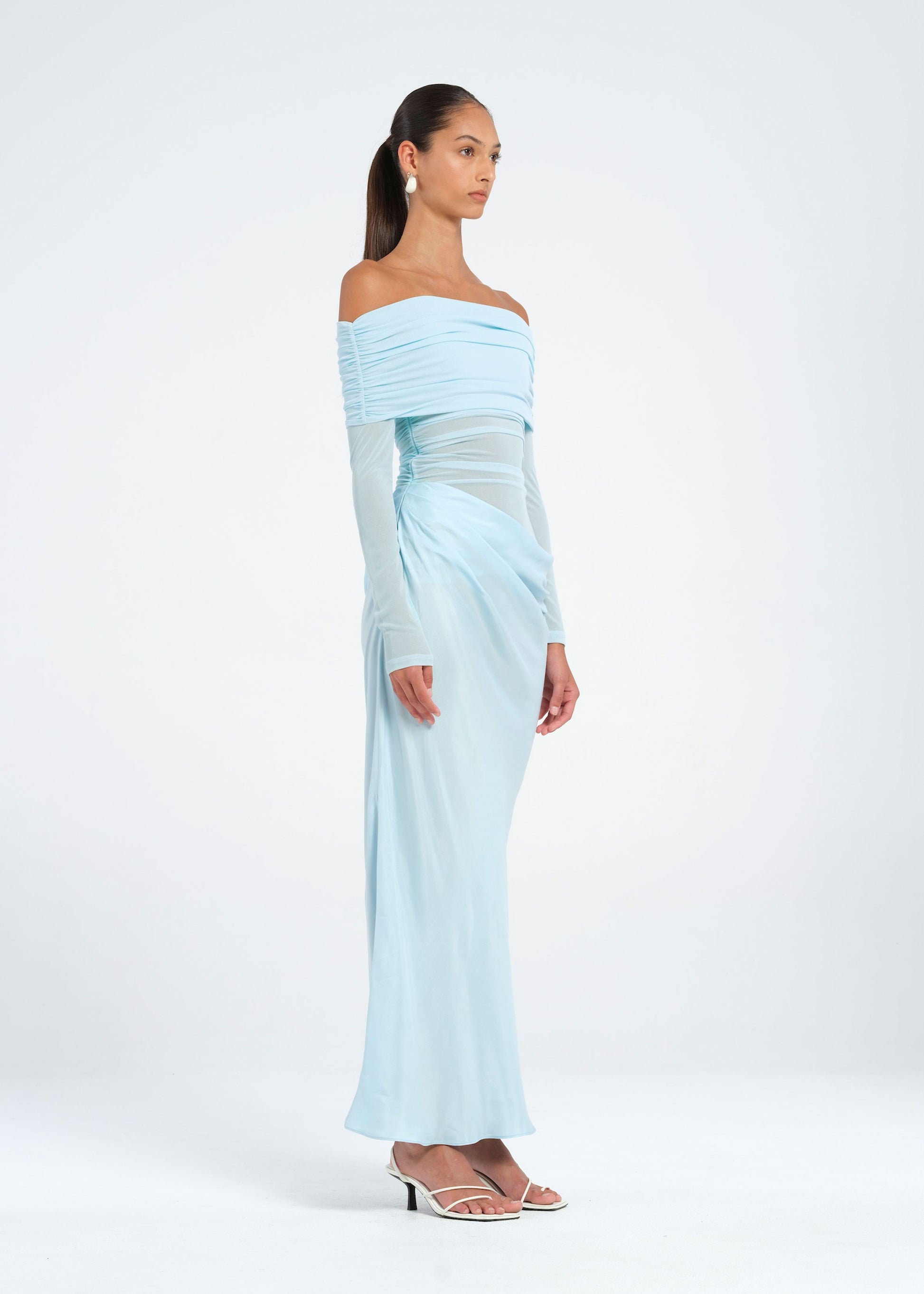 Blue Off Shoulder Long Sleeve Maxi Dress