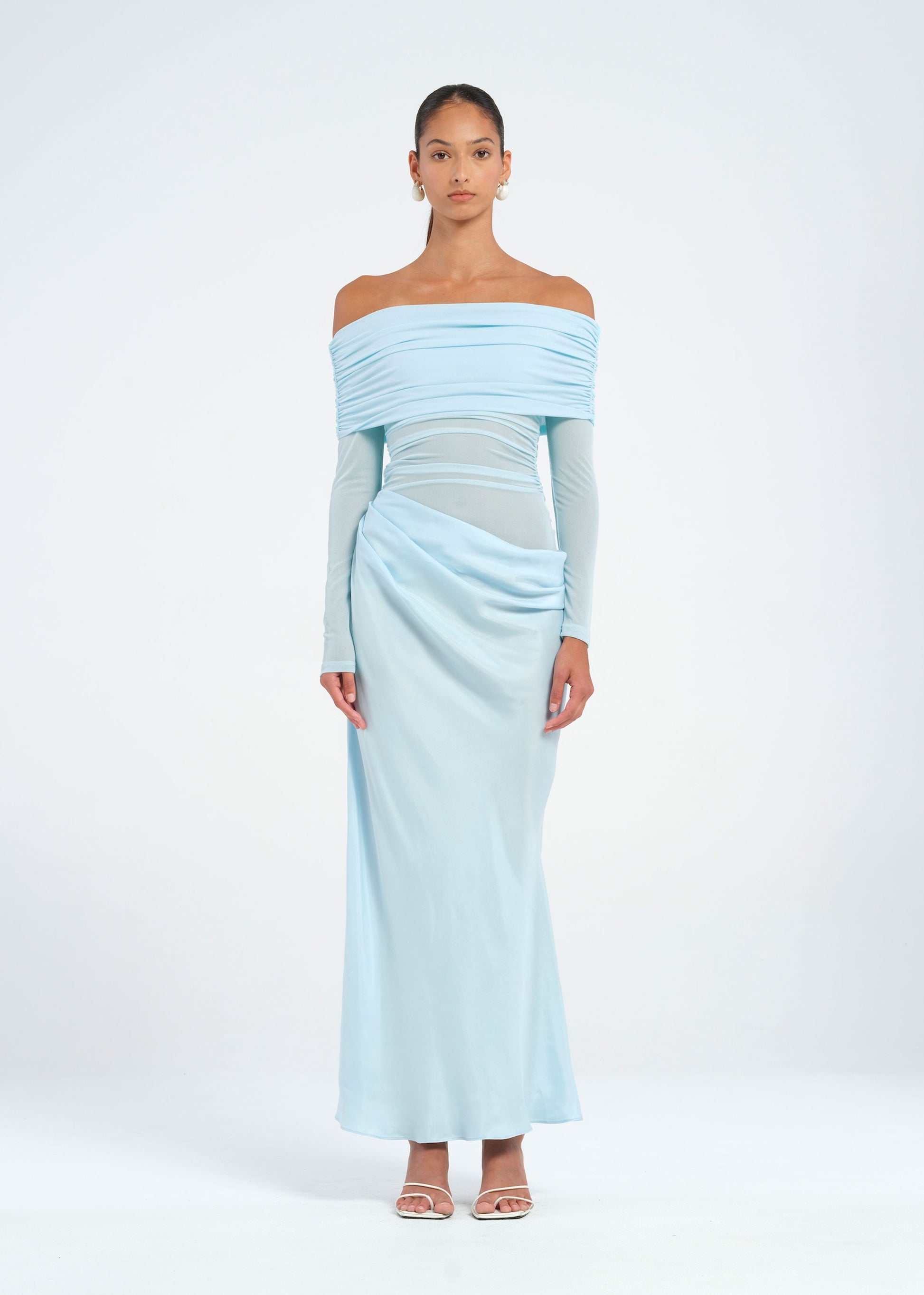 Blue Off Shoulder Long Sleeve Maxi Dress