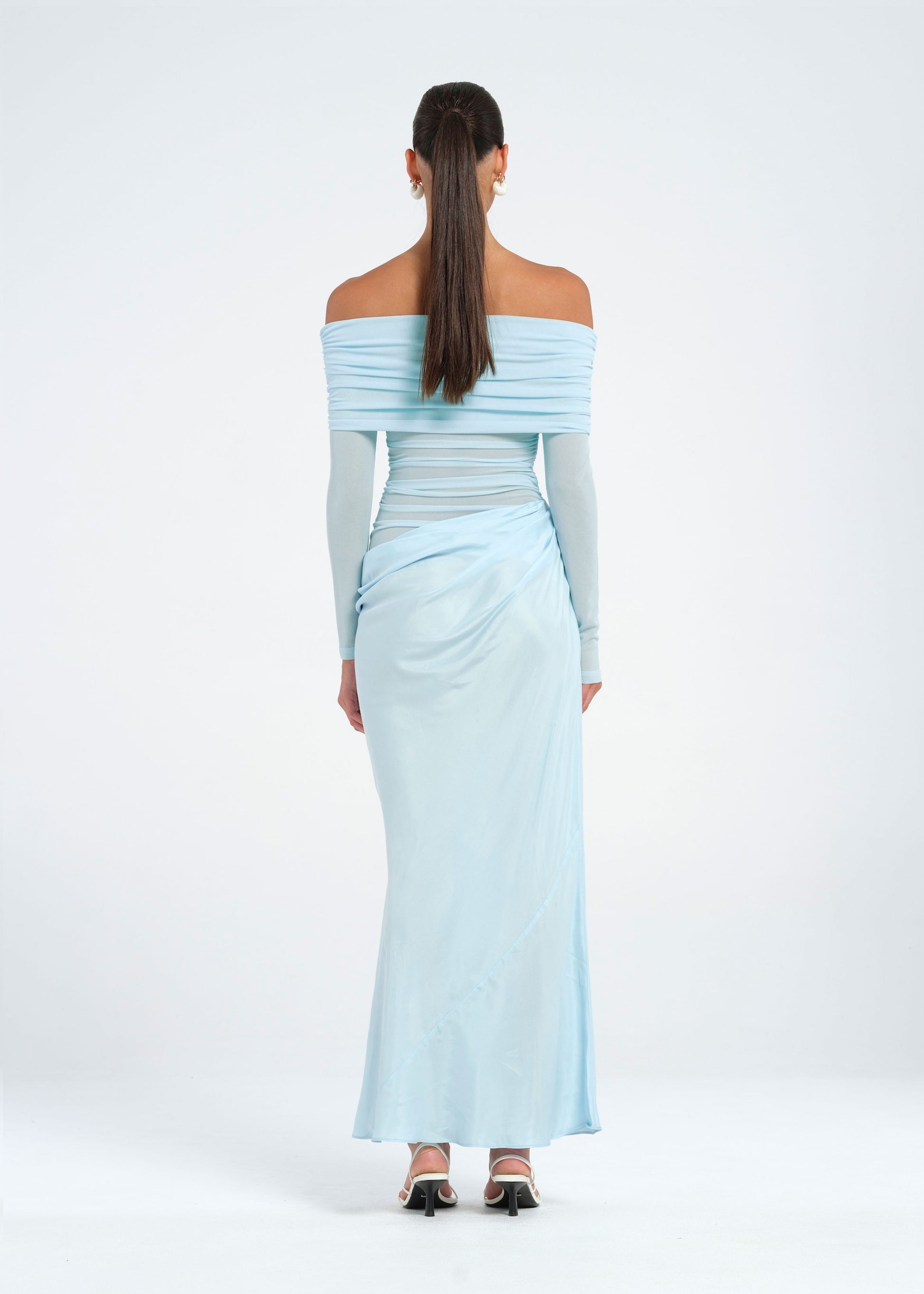 Blue Off Shoulder Long Sleeve Maxi Dress