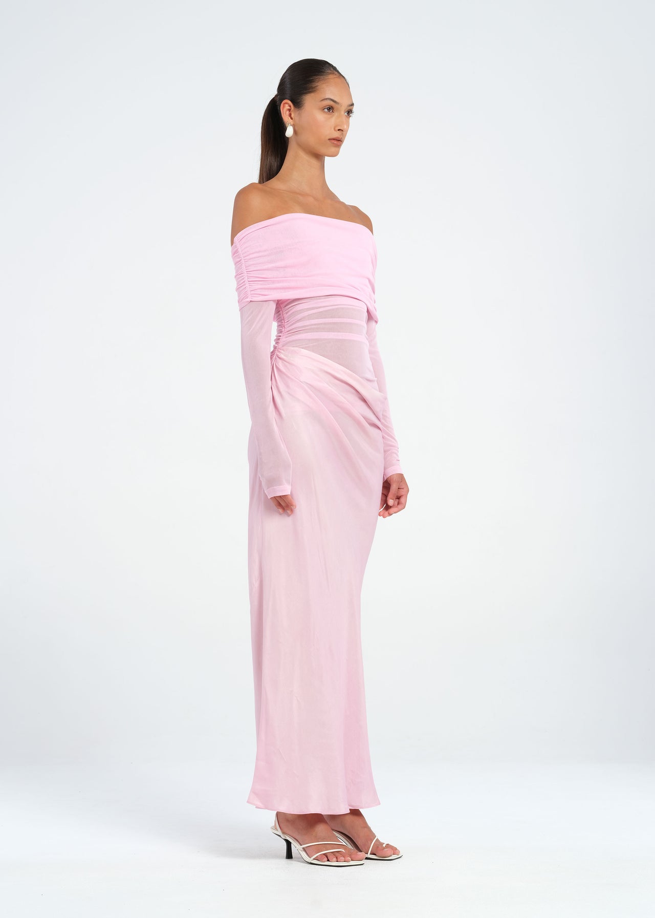 Pink Off Shoulder Long Sleeve Maxi Dress