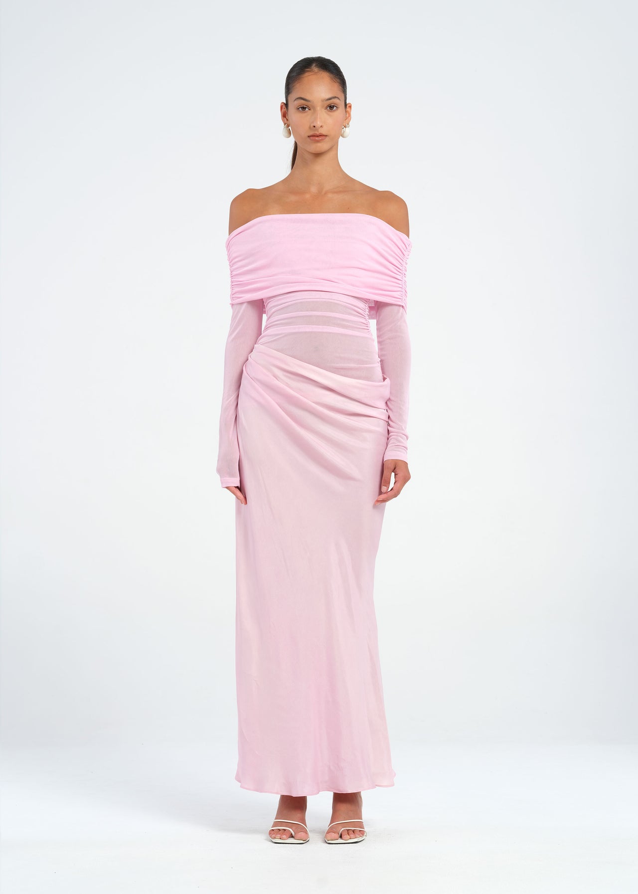 Pink Off Shoulder Long Sleeve Maxi Dress