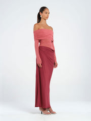 Pink and Red Off Shoulder Long Sleeve Maxi Dress