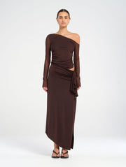 Brown Asymmetric Off Shoulder Maxi Dress
