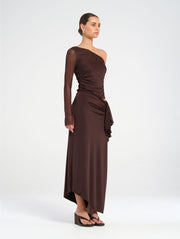 Brown Asymmetric Off Shoulder Maxi Dress