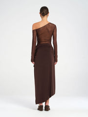 Brown Asymmetric Off Shoulder Maxi Dress