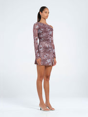 Purple Floral Off Shoulder Mini Dress with Ruching