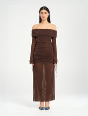 Brown Long Sleeve Off Shoulder Dress