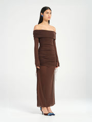 Brown Long Sleeve Off Shoulder Dress