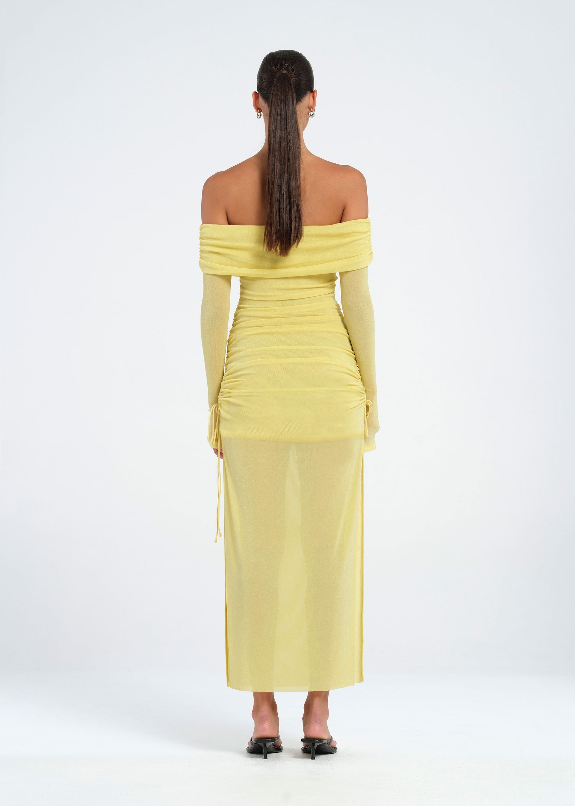 Yellow Off Shoulder Midi Dress with Ruching