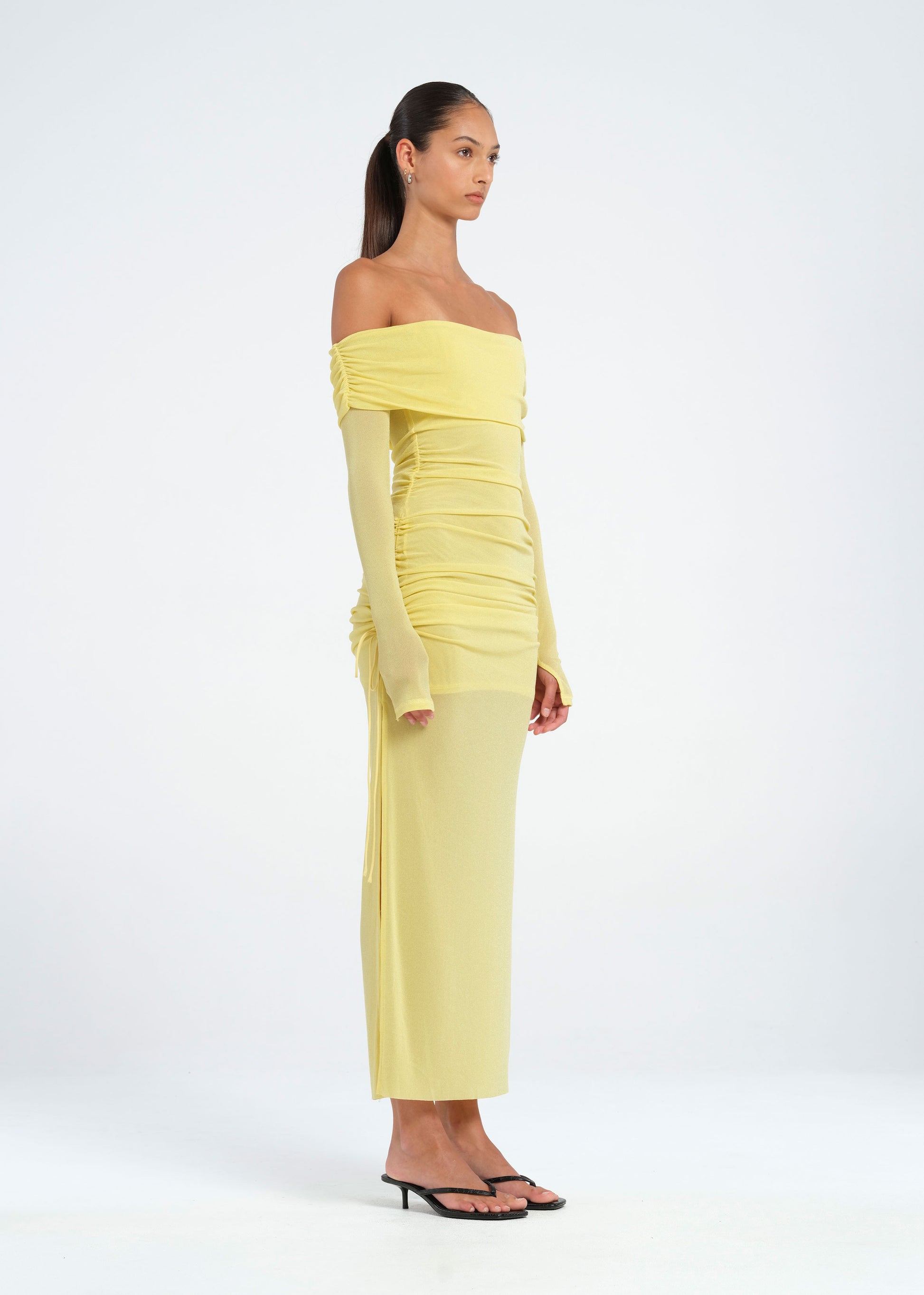 Yellow Off Shoulder Midi Dress with Ruching