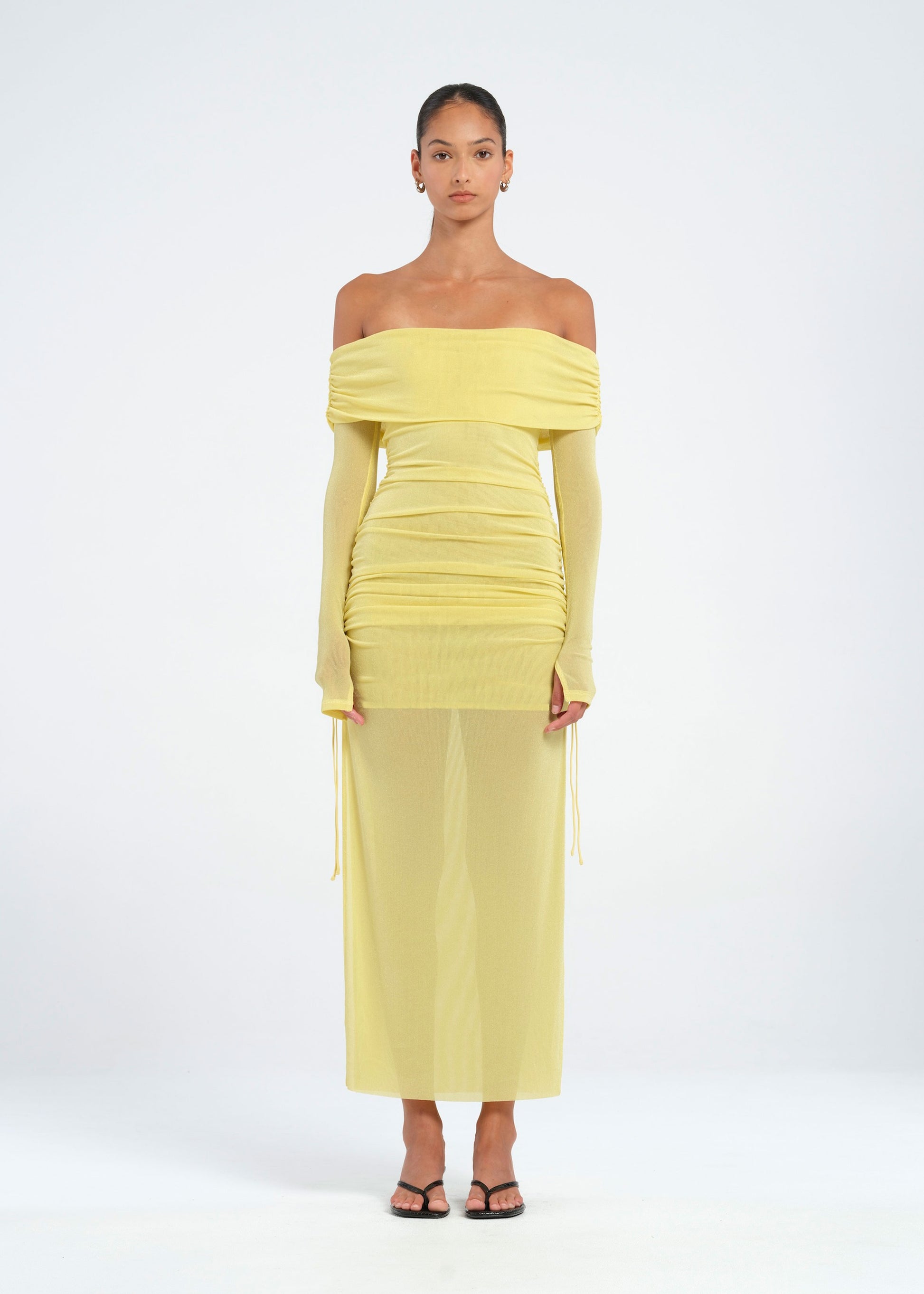 Yellow Off Shoulder Midi Dress with Ruching