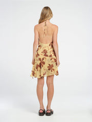 Yellow Floral Cowl Halter Backless Dress 