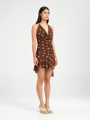 Brown Polka Dot Cowl Halter Backless Dress