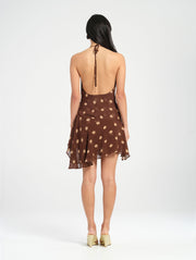 Brown Polka Dot Cowl Halter Backless Dress
