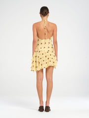 Yellow & Brown Polka Dot Halter Cowl Backless Mini Dress