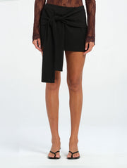 Black Mini Tailored Skirt with Front Sash Tie