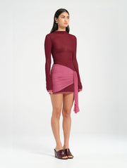 Pink Red Mesh Long Sleeve Mini Dress with front sash