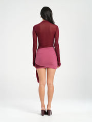 Pink Red Mesh Long Sleeve Mini Dress with front sash