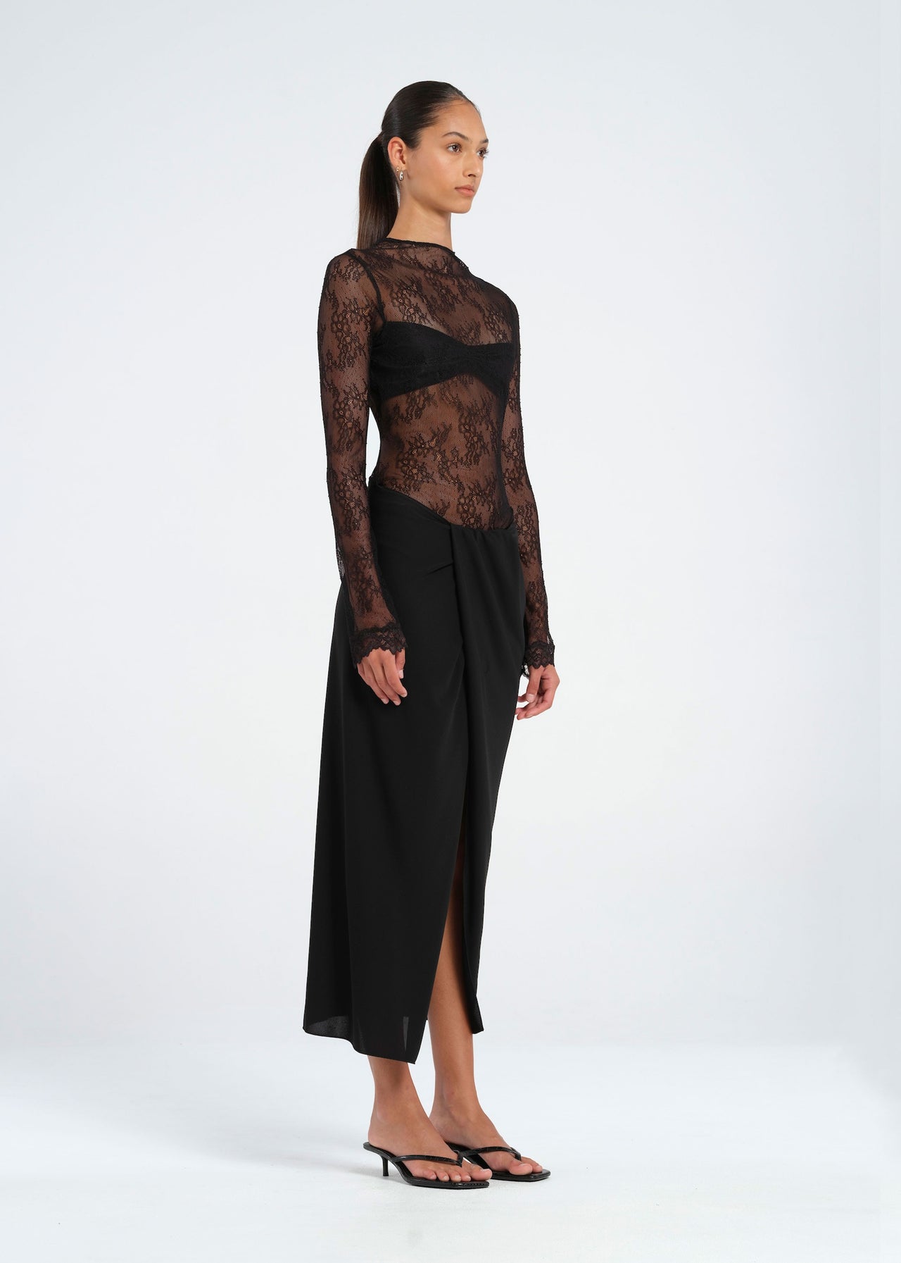 Black Lace Maxi Dress with Bralette and Leg Slit