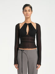 Black Long Sleeve Halter Cut Out Sheer Top