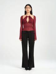Red Long Sleeve Halter Cut Out Sheer Top