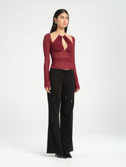 Red Long Sleeve Halter Cut Out Sheer Top