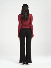 Red Long Sleeve Halter Cut Out Sheer Top