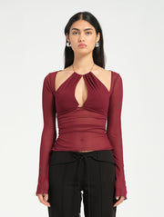 Red Long Sleeve Halter Cut Out Sheer Top