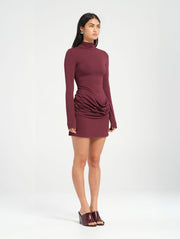 Purple High Neck Long Sleeve Mini Dress with Racer Back and Cut Out Detail