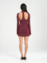 Purple High Neck Long Sleeve Mini Dress with Racer Back and Cut Out Detail
