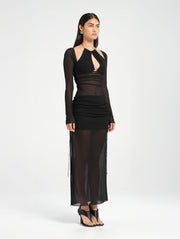 Black Long Sleeve Halter Cut Out Sheer Maxi Dress