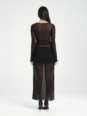Black Long Sleeve Halter Cut Out Sheer Maxi Dress