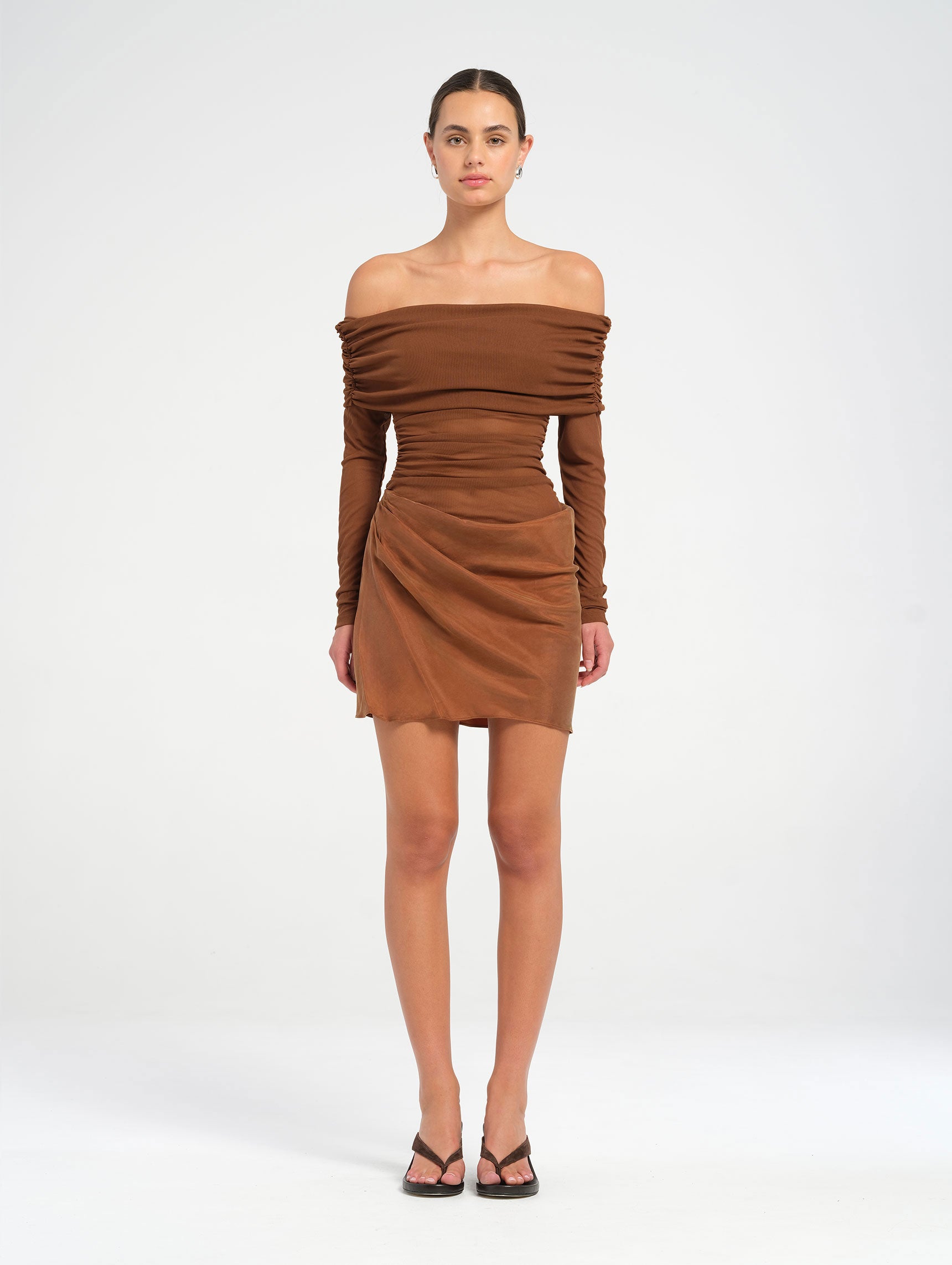 [RECTO] / ☆ 25SS GATHERED DETAIL MINI DRESS / COCOA Blair Panelled Gathered Mini Dress | Cocoa | Dresses | Shona