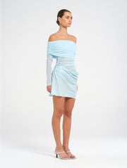 Blue Long Sleeve Mini Dress with Rouching and Cowl Skirt