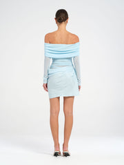 Blue Long Sleeve Mini Dress with Rouching and Cowl Skirt