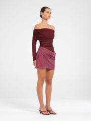 Purple Long Sleeve Mini Dress with Rouching and Cowl Skirt