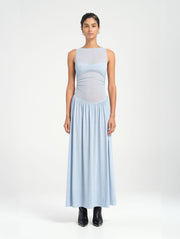Blue Short Sleeve Mesh Maxi Dress with Gown Skirt