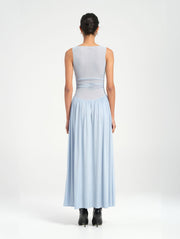 Blue Short Sleeve Mesh Maxi Dress with Gown Skirt