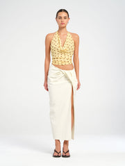 Yellow & Brown Polka Dot Halter Cowl Top