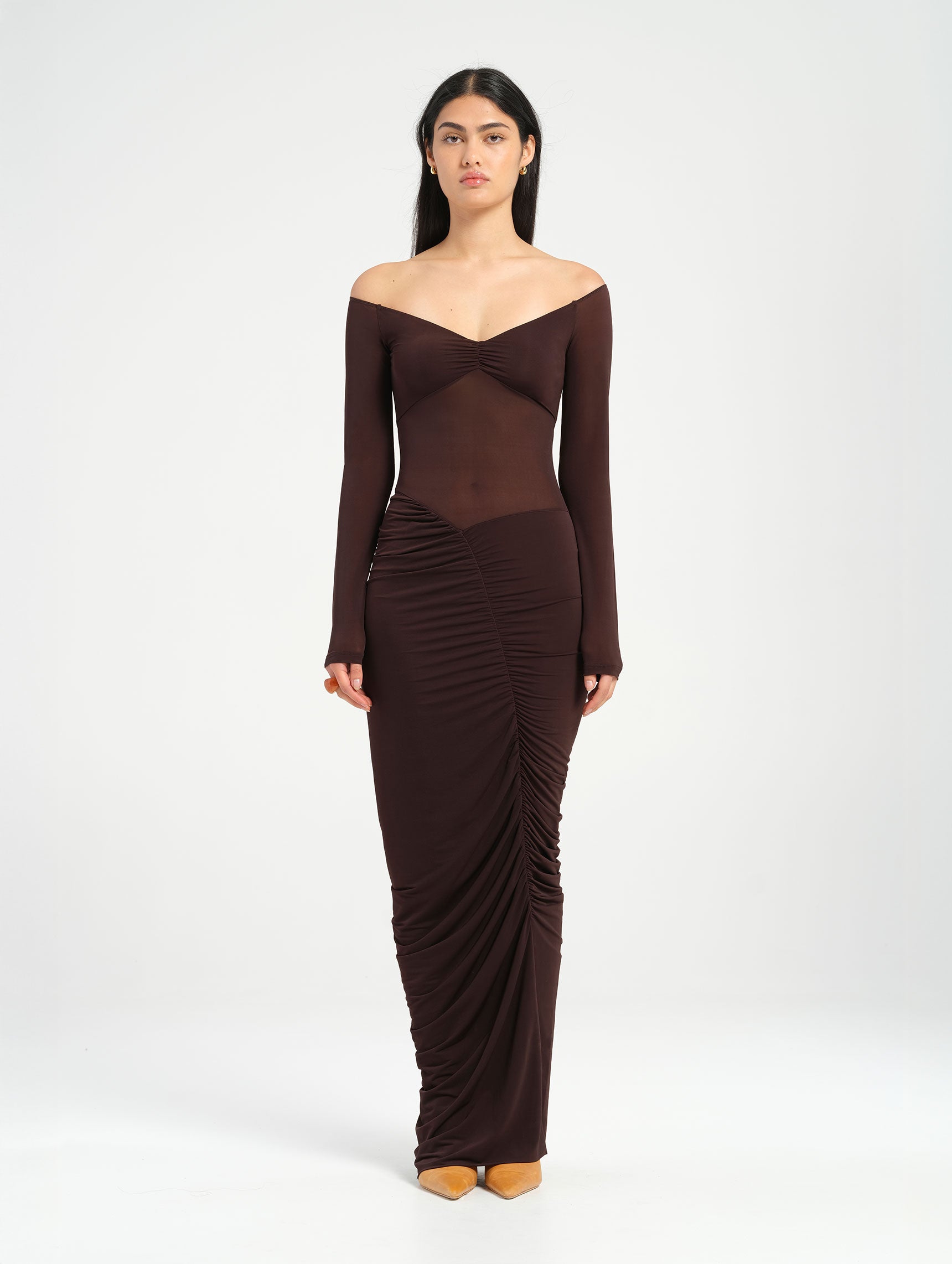 Amie chocolate brown crochet off shoulder maxi dress main image 1